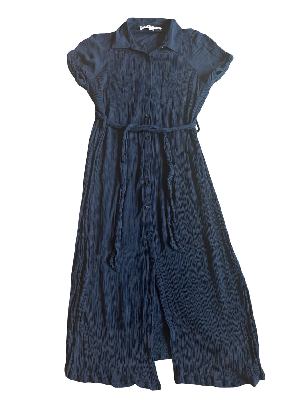 Hiatus Button-Down Shirt Dress Navy Blue Textured Belt Stretchy Size Medium